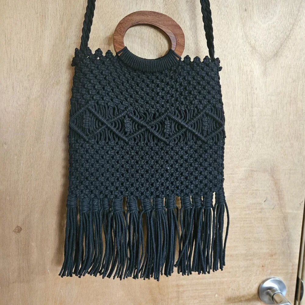 Danielle Nicole Black Fringe Macreme Purse - Picture 7 of 11